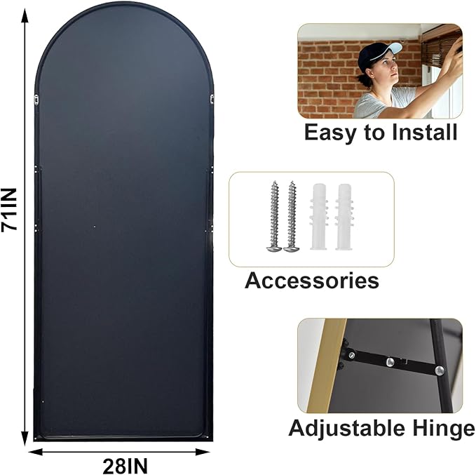 Miroir pleine longueur 71,12 cm x 180,32 cm - Cadre en alliage d'aluminium - Grand miroir sur pied noir pour chambre, salon, salle de bain