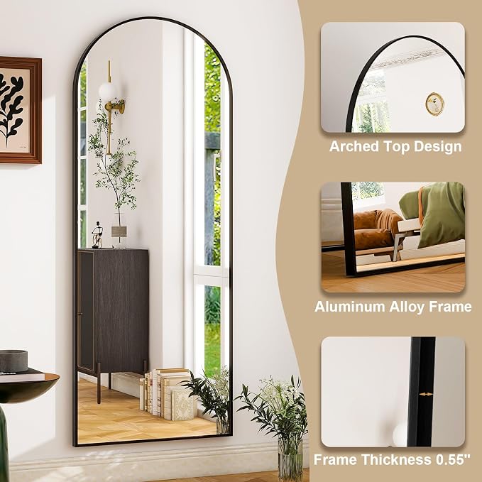 Miroir pleine longueur 71,12 cm x 180,32 cm - Cadre en alliage d'aluminium - Grand miroir sur pied noir pour chambre, salon, salle de bain