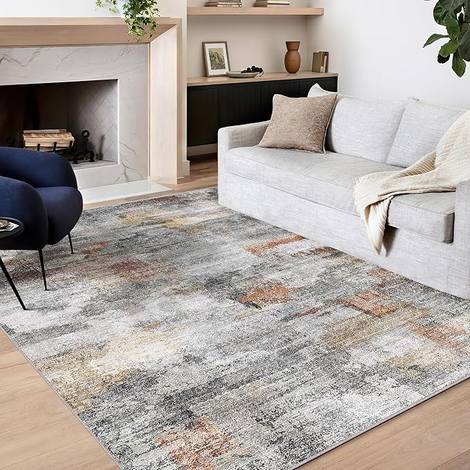 Tapis lavable, tapis ultra doux, 8x10, tapis abstrait antidérapant, tapis anti-saleté pour salon et chambre, tapis moderne moelleux (gris/rouille, 8'x10')