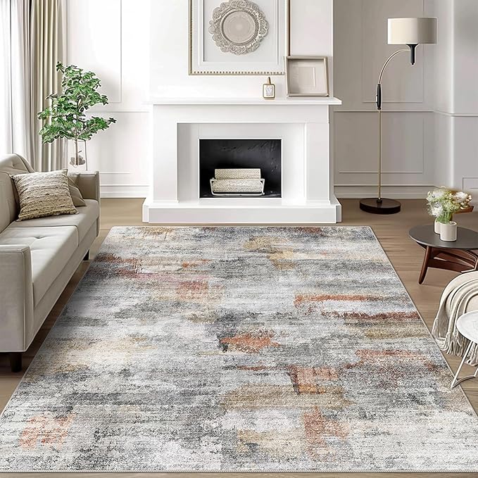 Tapis lavable, tapis ultra doux, 8x10, tapis abstrait antidérapant, tapis anti-saleté pour salon et chambre, tapis moderne moelleux (gris/rouille, 8'x10')